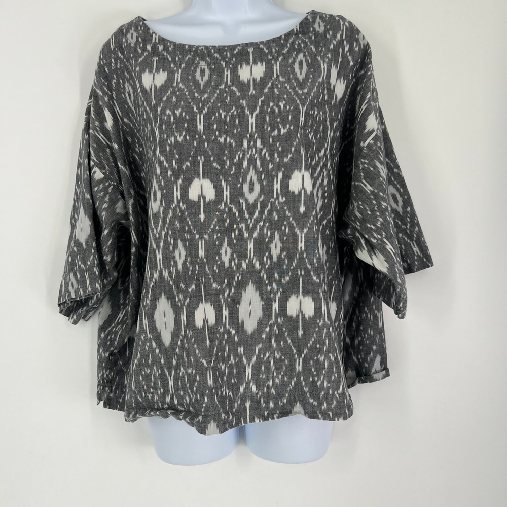 Pure Jill Womens Gray White Ikat Cotton Boxy Boat Neck 3/4 Sleeve Top Size M